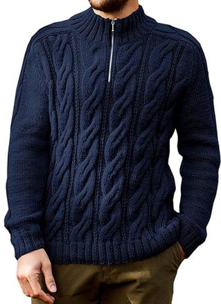 Feoya Mens Quarter 1/4 Zip Jumper Turtleneck Sweater for Men Slim Fit Knitted Sweatshirt Warm Chunky Cable Knit Pullover Stand Collar Knitwear Navy Blue L W