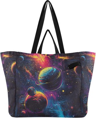 Generic Planet Space Black print Reusable Canvas Tote Bag, Heavy Duty Grocery Shopping Bag with Large Capacity Double Handles Hard Bottom Work Groceries Trave