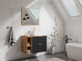 Vente-Unique Mobile sotto lavabo sospeso con scanalature con nicchie L80 cm Nero e Naturale chiaro - ZEVARA