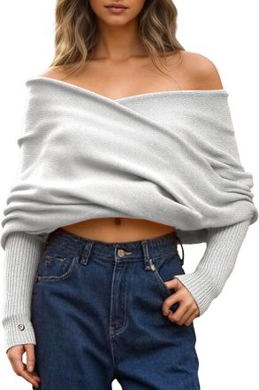Generic Womens Knitted Jumpers Off Shoulder Sweater Scarf Soft Comfort Warmth Pullover Sweaters Ladies Spring Autumn Winter Fitted Jumpers for Women Classic P