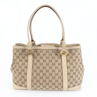 Gucci Gg Canvas Beige Brown Leather Canvas Handbag Shoulder Bag Tote Bag (Pre-Owned)