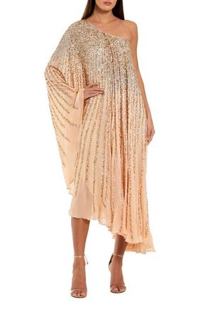 Mac Duggal One Shoulder Ombre Sequin Kaftan Dress in Champagne Gold at Nordstrom, Size Medium