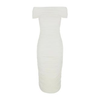 Norma Kamali Jurk met Vierkante Hals en Plooiwerk Midi - Dames - Casual kleedjes - Wit - M - Kleedjes