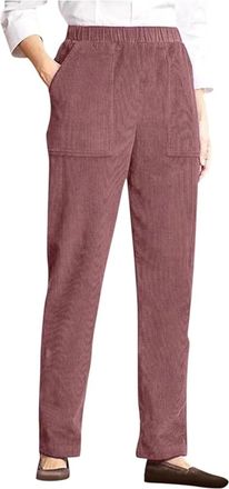 Generic Corduroy Pants for Women Elastic High Waist Pull On Straight Leg Slacks Casual Fall Trousers with Pockets (Red,L)