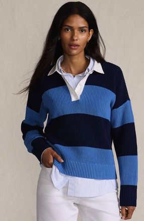 Lands End Drifter Rugby with Woven Collar Sweater in Muted Cobalt Blue/navy Rugby at Nordstrom, Size X-Large P
