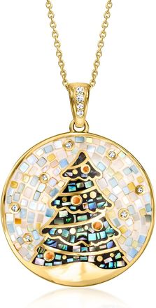 Ross-Simons Multi-Gemstone, Mother-Of-Pearl and Abalone Shell Christmas Tree Mosaic Inlay Pendant Necklace With Enamel in 18kt Gold Over Sterling