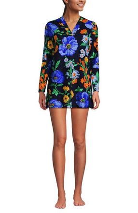 Lands End Cotton Jersey Long Sleeve Hooded Swim Cover-up Dress in Navy/exploded Poppy Floral at Nordstrom, Size X-Large