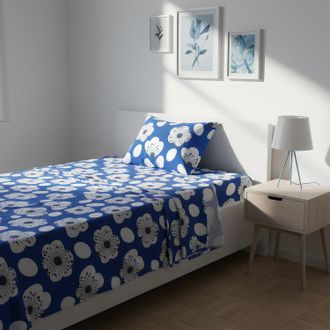 KASANOVA Completo letto 1 piazza e mezza blu fiori bianchi