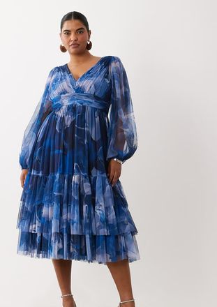 Lace & Beads Plus vestito midi in tulle con maniche a palloncino, volant e balze, stampa blu scuro-Multicolore