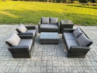 Fimous Garden Furniture Sets 6 Pieces Outdoor Rattan Furniture Manual Wicker Patio Sofa Chair Set with Coffee Table Side Table in Dark Grey