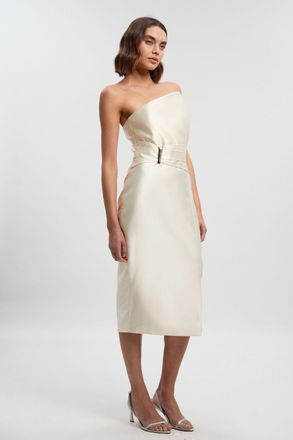 Karen Millen Womens Satin Twill Trim Detail Structured Asymmetric Neck Tailored Midi Dress - White - Size 10 UK