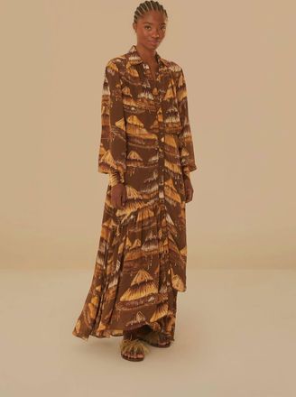 Farm Rio Long Sleeve Midi Dress In Malocas Beige