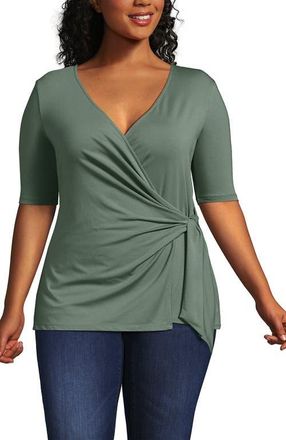Lands End Elbow Sleeve Lightweight Jersey Side Tie Blouse in Lily Pad Green at Nordstrom, Size 3X