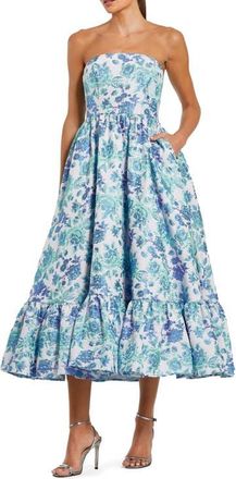 Mac Duggal Floral Brocade Strapless A Line Midi Dress in Blue Multi at Nordstrom, Size 14