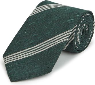 Oliver Brown Pure Silk Shantung Tie - Dark Green/White Stripe