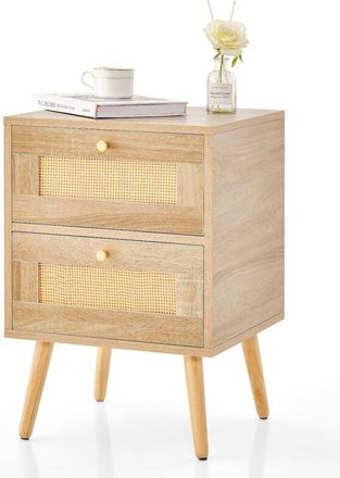 Costway Costway Mesita De Noche De Rat&aacute;n, Mesillas De Noche Dormitorio Con 2 Cajones, Mesita De Noche Con Patas De Madera Maciza, 40 X 40 X 59 Cm, Natural