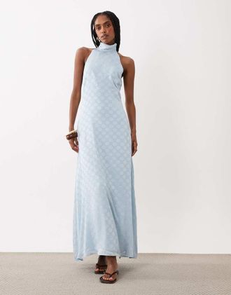 Asos Vestito lungo accollato allacciato al collo in chiffon blu trasparente a pois