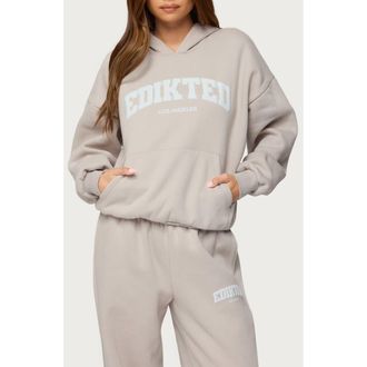 Edikted LA Logo Oversize Fleece Graphic Hoodie in Beige at Nordstrom, Size X-Large