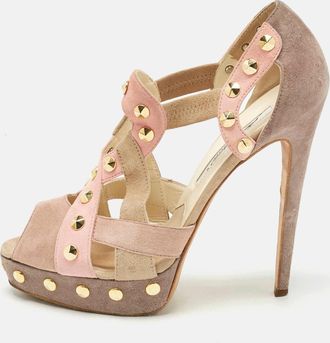 Brian Atwood Beige Cut Out Studded Suede Peep Toe Platform Sandals