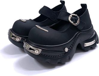 Generic Womens Classic Mary Jane Platform Shoes 7cm Chunky Heels Ankle Strap Pumps Dress Shoes with Metallic Buckle(3) Black