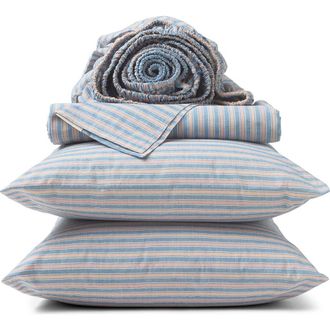 Coyuchi Crinkled Organic Percale Sheet Set in Indigo Stripe at Nordstrom, Size California King