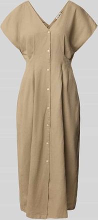 Ichi Midikleid aus Leinen-Viskose-Mix mit V-Ausschnitt in Taupe, Gr&ouml;&szlig;e 38