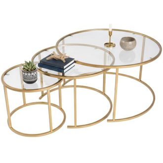 Dmora Set di 3 tavolini da salotto Carugate, Tavolo basso da caff&egrave;, Portariviste per divano, Ripiano da soggiorno, 80x80 h43 cm, Oro e Trasparente - Dmora