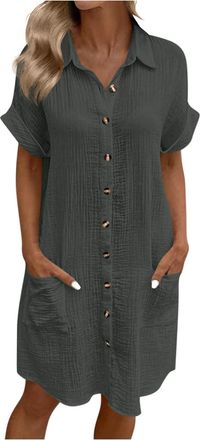 Generic Yolimok Summer Shirts Dresses for Women UK Oversized Cotton Linen Baggy Tunic Shirt Mini Dress Button Up Plain Sundress with Pockets Beach Cover Up Bl