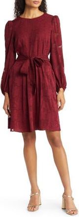 Eliza J Floral Burnout Long Sleeve Fit & Flare Dress in Wine at Nordstrom Rack, Size 10