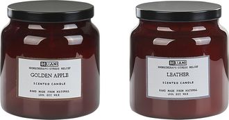 Beliani Conjunto De 2 Velas Arom&aacute;ticas 100% Cera De Soja Mecha De Algod&oacute;n Vidrio Fragancia Fresca Manzana Golden/cuero Absolute Alchemy