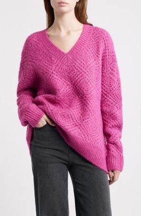 Treasure & Bond Diamond Stitch V-Neck Sweater in Pink Fuchsia at Nordstrom Rack, Size Xx-Large