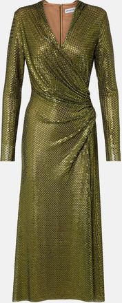Self Portrait Gathered rhinestone-embellished midi dress
