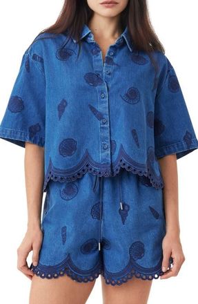 Habitual Seashell Embroidered Cropped Shirt in Medium Blue at Nordstrom, Size X-Large