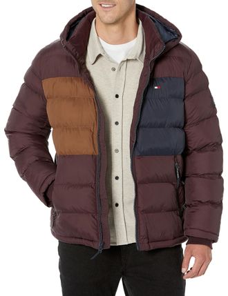 Tommy Hilfiger Mens Hooded Puffer Jacket, Port Colorblock, M
