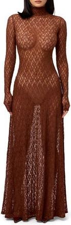 Naked Wardrobe Floral Long Sleeve Stretch Lace Turtleneck Maxi Dress in Brown Sugar at Nordstrom Rack, Size X-Small
