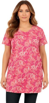 Roaman's Plus Size Ultimate Cotton V-Neck Short Sleeve Tunic in Raspberry Paisley Floral Print at Nordstrom, Size Medium