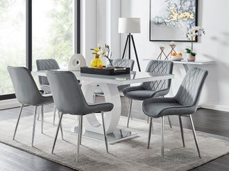 Furniturebox Giovani 6-Seater Grey Glass Dining Table & 6 Pesaro Soft Velvet Dining Chairs