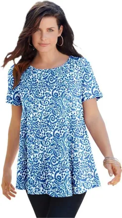 Roaman's Plus Size Ultimate Cotton Crewneck Short Sleeve Swing Tee in Blue Paisley Swirl at Nordstrom, Size Medium