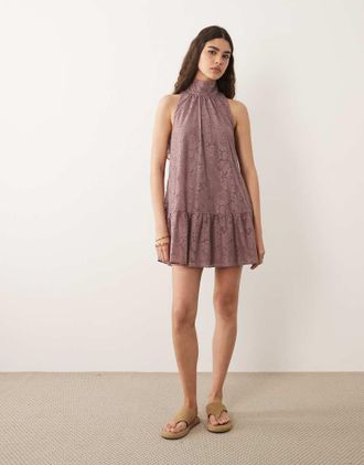 Asos Vestito grembiule corto accollato in pizzo lilla-Viola