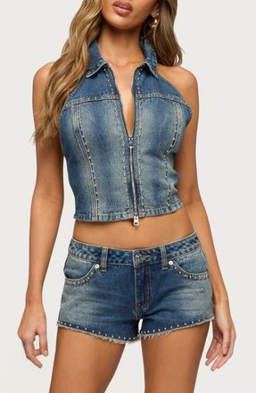 Edikted Gaya Open Back Zip-Up Denim Top in Medium-Vintage-Indigo at Nordstrom, Size X-Large