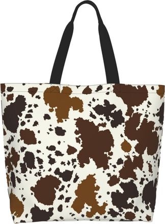Generic Brown Cow Print Carry Bag Durable Shopper Bag Lightweight Grocery Bags For Work College Beach