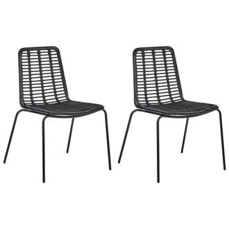 Beliani Conjunto De 2 Sillas Sin Reposabrazos Patas De Hierro Respaldo Y Asiento De Rat&aacute;n Dise&ntilde;o Vintage Boho Negro Taos