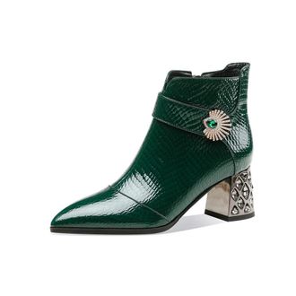 TinaCus Patent leather side zipper chunky heel boots for women handmade pointed toe mid rhinestone green fleece lined officially licensed star wars silent one