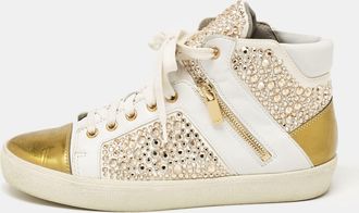 Gina White/gold Leather Crystal Embellished High Top Sneakers