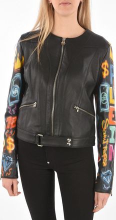 Philipp Plein COUTURE Leather Jacket GRAFFITI with printed sleeves Philipp Plein
