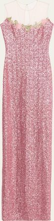 Naeem Khan Illusion Yoke Sequined Floral Applique Sleeveless Gown