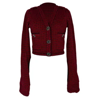Self Portrait Striped Cropped Cardigan in Red Cotton
