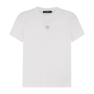 Dolce & Gabbana T-Shirts, female, White, Size: 2XS Crew-neck Short Sleeve Crystal Logo T-shirt