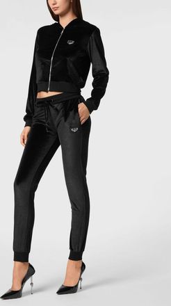 Philipp Plein Felpa cropped con zip in velluto e strass Skull