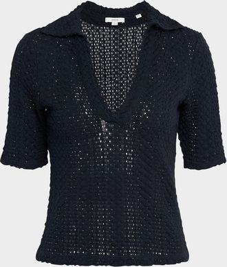 Vince Knit Elbow-Sleeve Polo Top